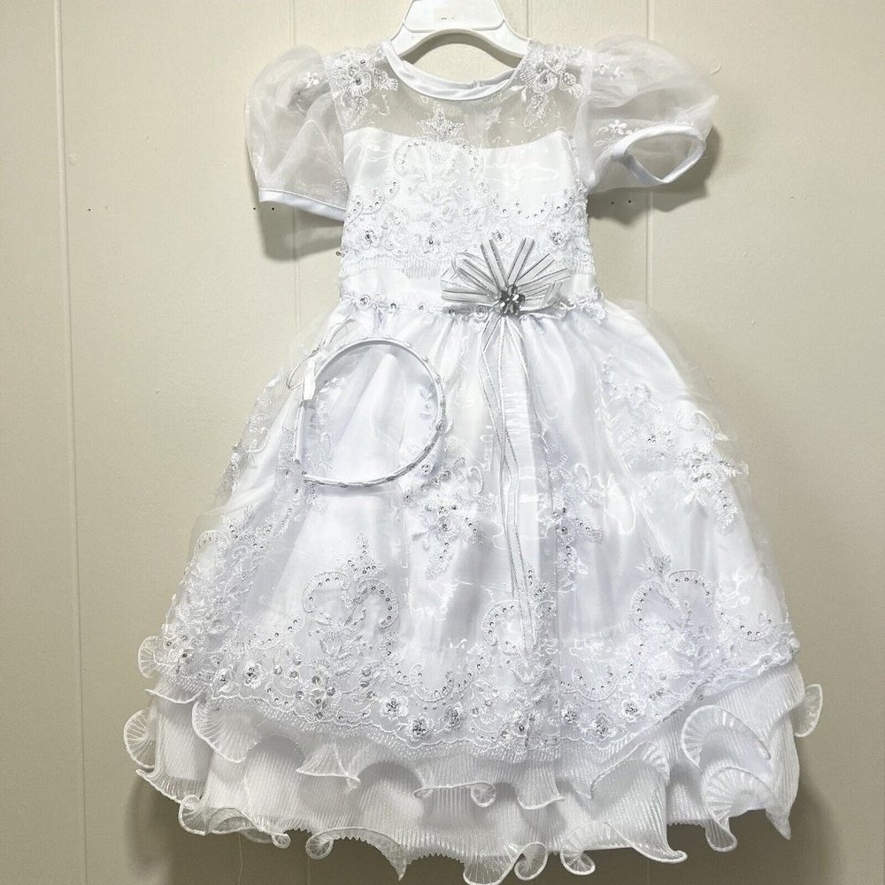 White Embroidery Dress Ruffle Sheer Communion Baptism Flower Girl Holiday SZ 1